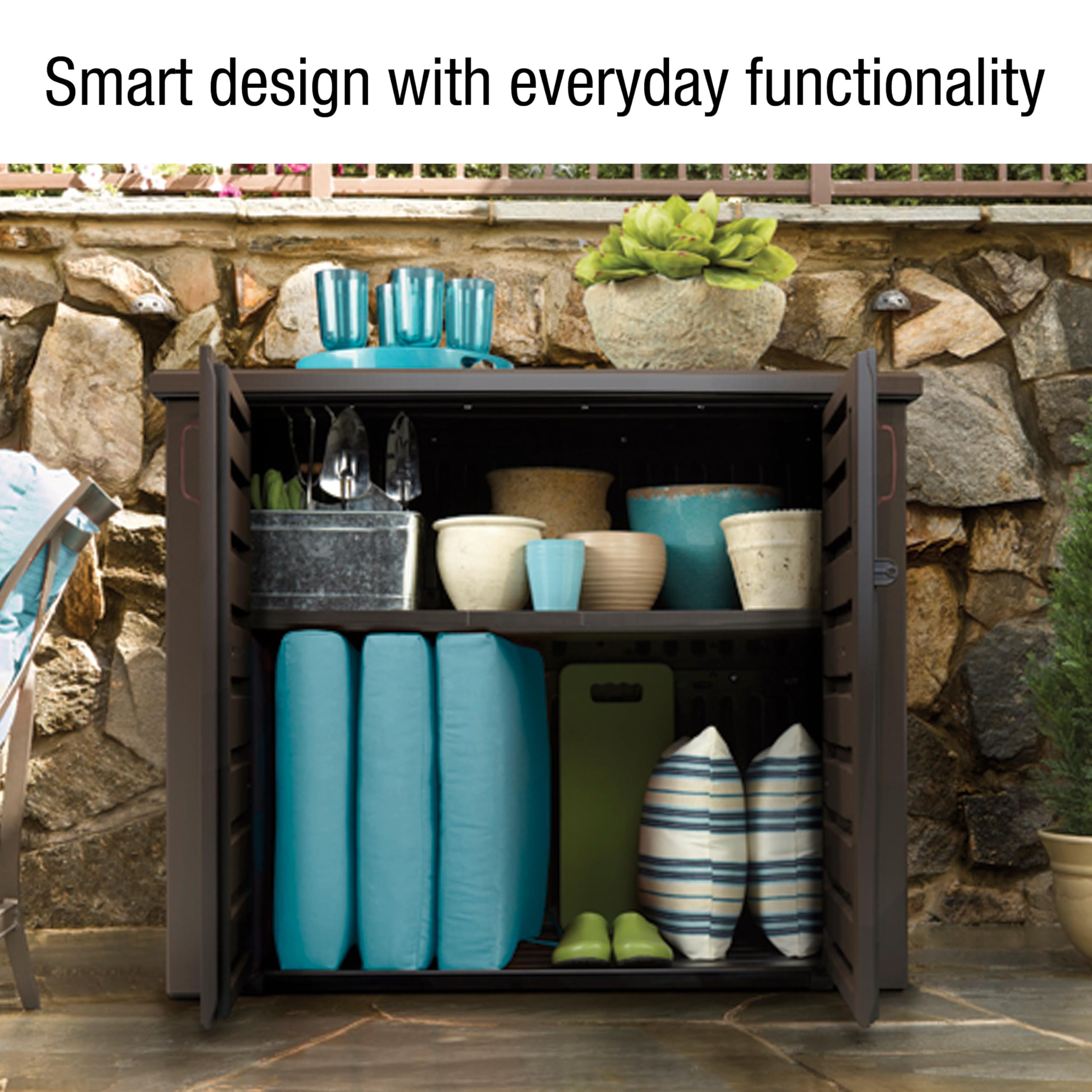 Rubbermaid Decorative Outdoor Storage Cabinet (123 Gal), Weather Resistant, Brown, Organization for Home/Backyard/Pool Chemicals/Toys/Garden Tools/Porch/Patio Cushions - Image 4