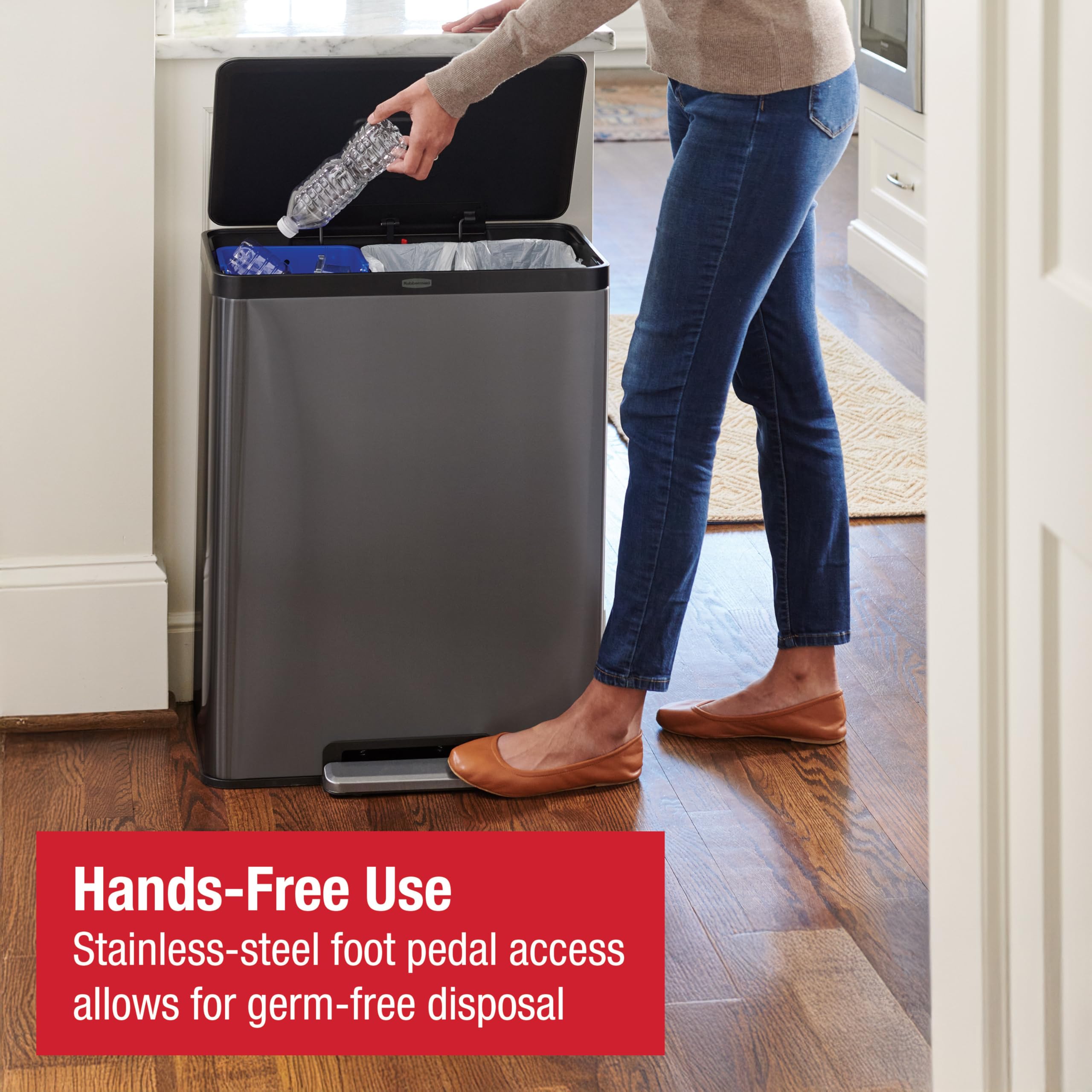 Rubbermaid Elite Stainless Steel Metal Dual Stream Step-On Trash Can for Waste and Recycling 15.9 Gallon Charcoal Trash and Recycle Bin Combo for Home/Kitchen/Garage/Apartment/Office - Image 3