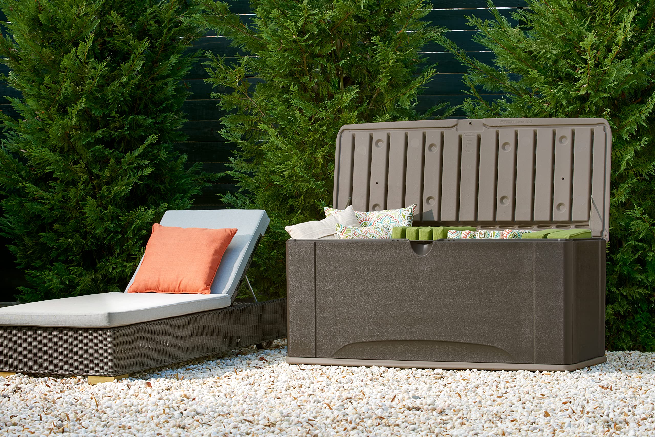 Rubbermaid Extra Large Resin Outdoor Storage Deck Box with Seat (120 Gal), Weather Resistant, Brown, Deck Organization for Home/Backyard/Pool Chemicals/Toys/Garden Tools/Porch/Patio Cushions - Image 10