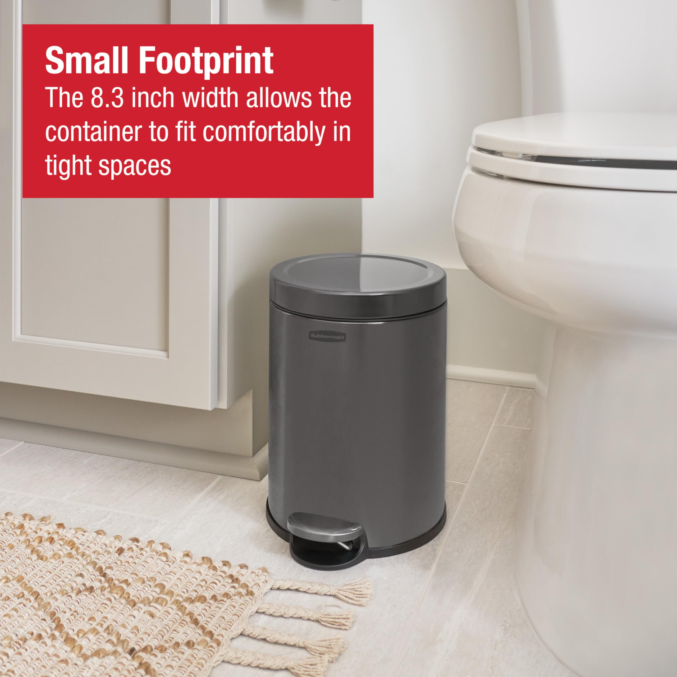 Rubbermaid Stainless Steel Round Step-On Trash Can, 1.6-Gallon, Charcoal, Wastebasket with Lid for Home/Bathroom/Kitchen/Office - Image 3